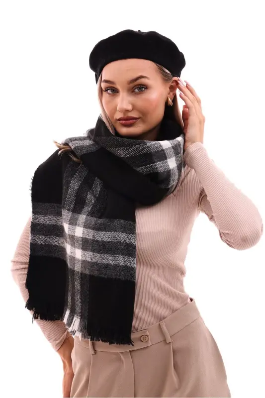 Women's Soft Textured Plaid Scarf - Black-Grey Striped - 3