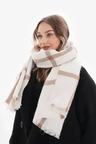 Women's Soft Textured Plaid Scarf-Ecru - 1