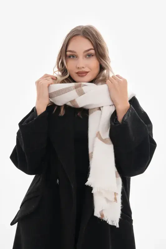 Women's Soft Textured Plaid Scarf-Ecru - 2