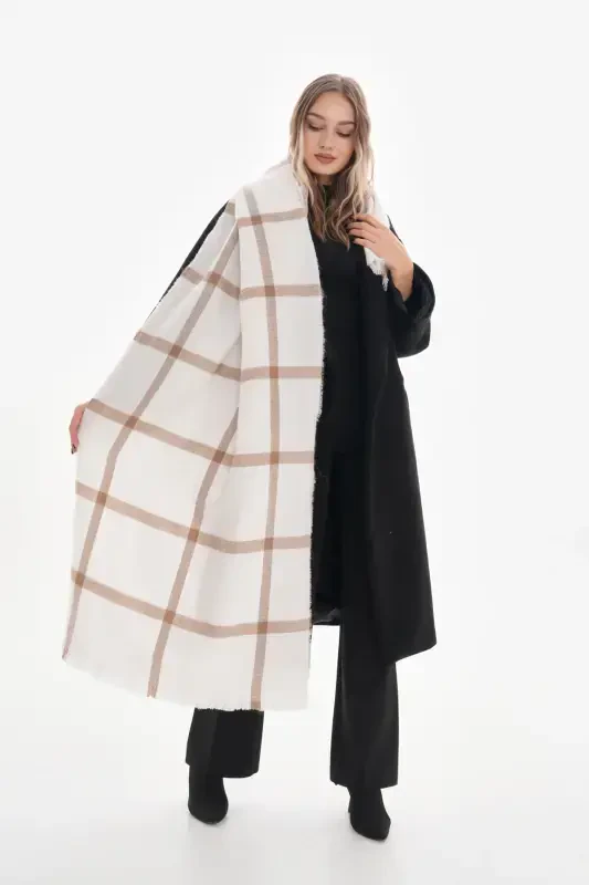 Women's Soft Textured Plaid Scarf-Ecru - 3