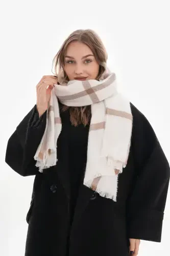 Women's Soft Textured Plaid Scarf-Ecru - 4