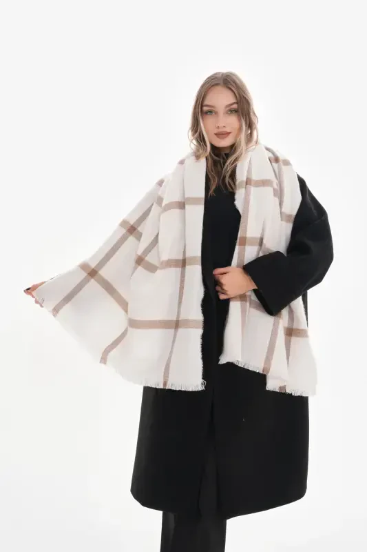 Women's Soft Textured Plaid Scarf-Ecru - 5