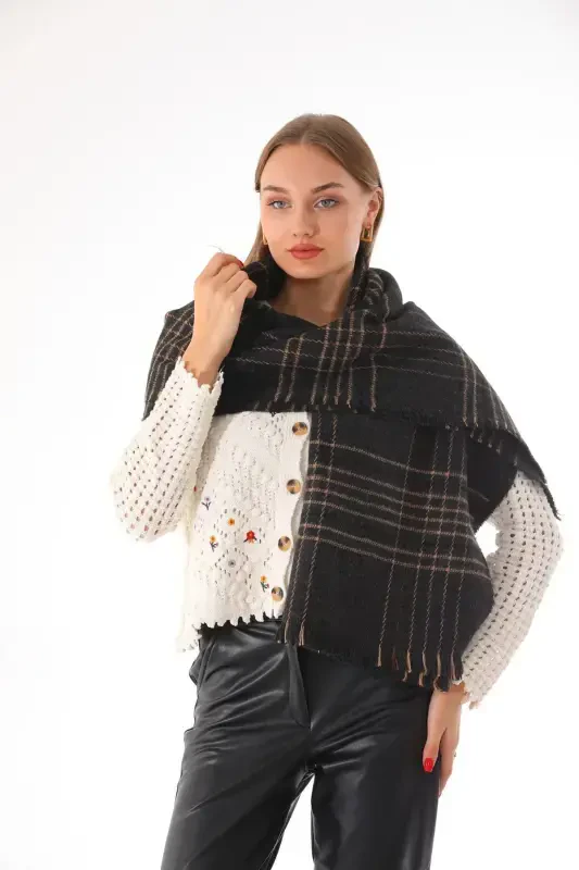 Women's Soft Touch Black-Beige Plaid Scarf-Black - RITAGARCIA