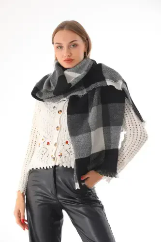 Women's Soft Touch Black-Gray Plaid Scarf-Black - 1