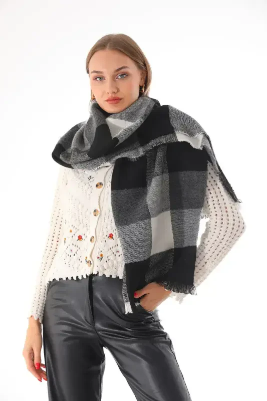 Women's Soft Touch Black-Gray Plaid Scarf-Black - RITAGARCIA