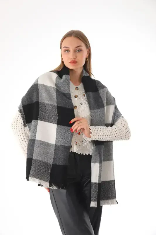 Women's Soft Touch Black-Gray Plaid Scarf-Black - 2