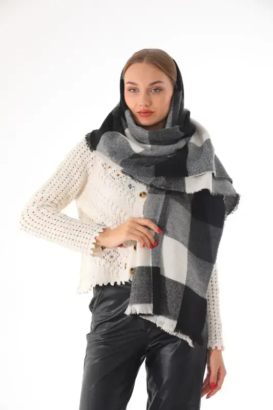 Women's Soft Touch Black-Gray Plaid Scarf-Black - 3