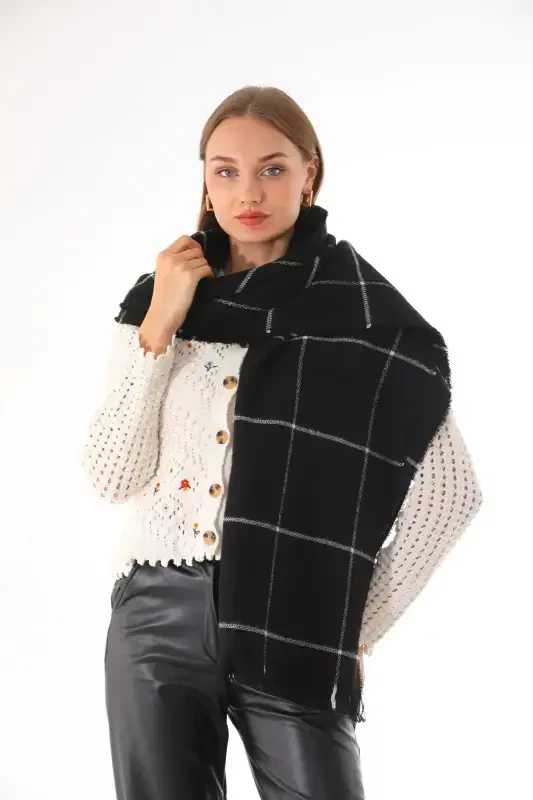 Women's Soft Touch Black Plaid Scarf-Black - RITAGARCIA