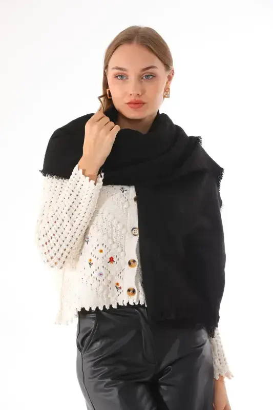 Women's Soft Touch Black Plain Scarf-Black - 2