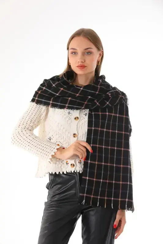 Women's Soft Touch Black-stone Plaid Scarf-Black - 1