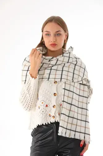 Women's Soft Touch Ecru-Stone Plaid Scarf-Ecru - RITAGARCIA (1)