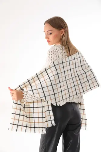 Women's Soft Touch Ecru-Stone Plaid Scarf-Ecru 