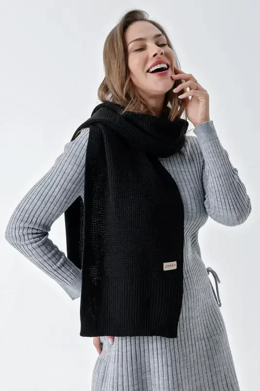 Women's Soft Touch Knitted Detailed Scarf Black 24W1321-Black - CHUBA