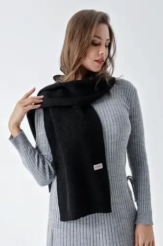 Women's Soft Touch Knitted Detailed Scarf Black 24W1321-Black - CHUBA (1)