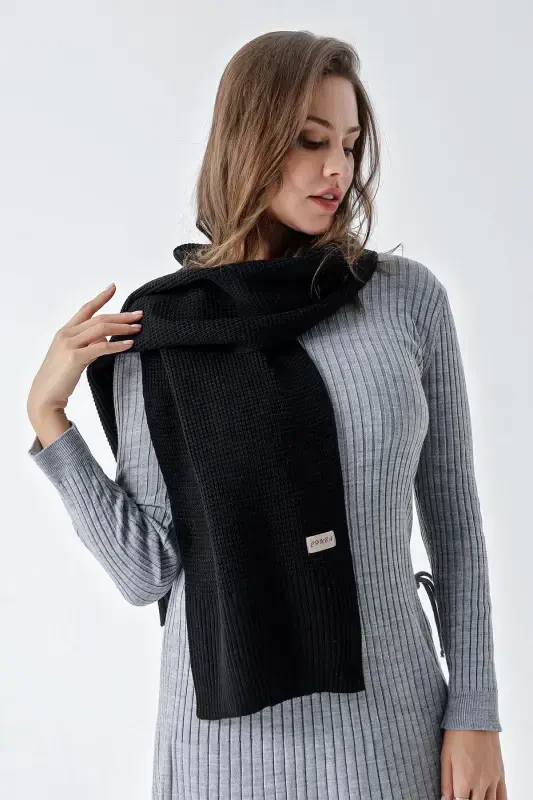 Women's Soft Touch Knitted Detailed Scarf Black 24W1321-Black - 2