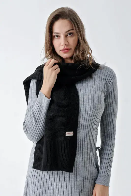 Women's Soft Touch Knitted Detailed Scarf Black 24W1321-Black - 3