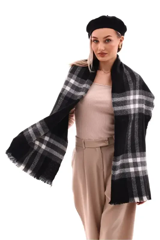 Women's Soft Touch Plaid Scarf - Black - 5
