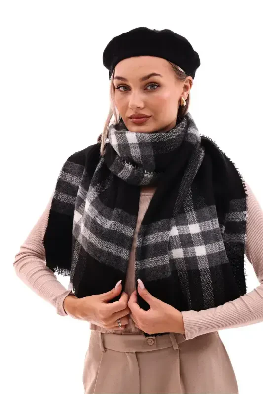 Women's Soft Touch Plaid Scarf - Black - 8