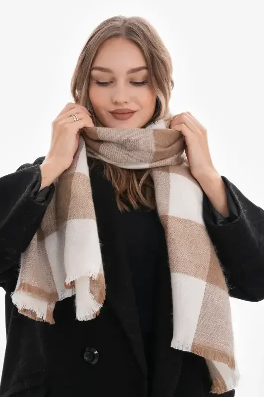 Women's Soft Touch Plaid Scarf-Ecru - RITAGARCIA