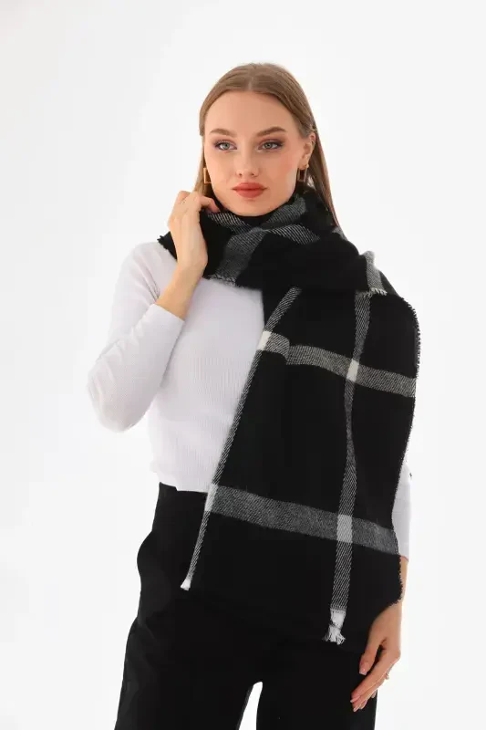 Women's Soft Touch Plaid Scarf Unisex-Black - 1
