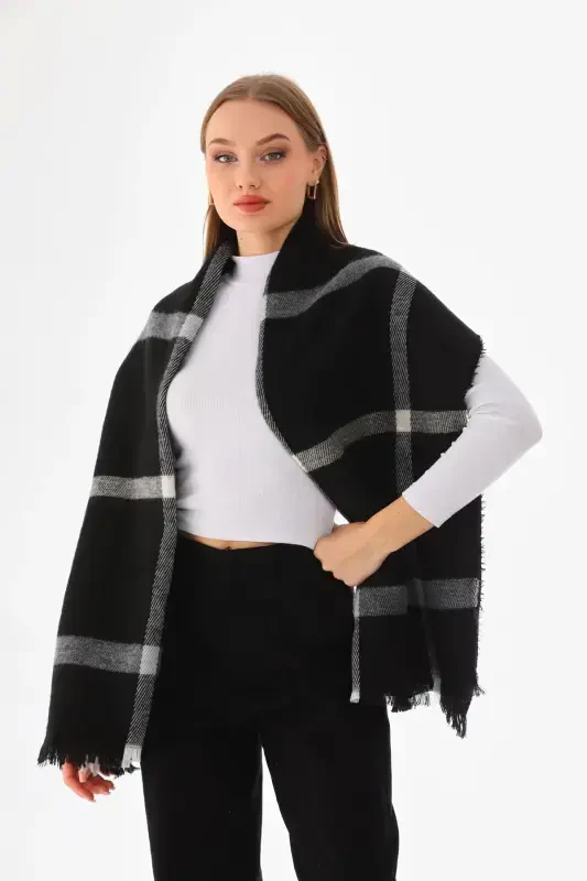 Women's Soft Touch Plaid Scarf Unisex-Black - 2