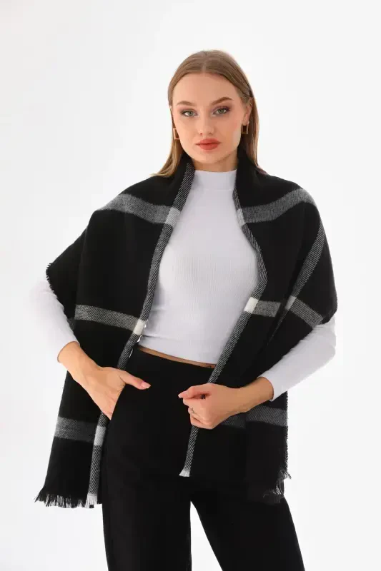 Women's Soft Touch Plaid Scarf Unisex-Black - 4