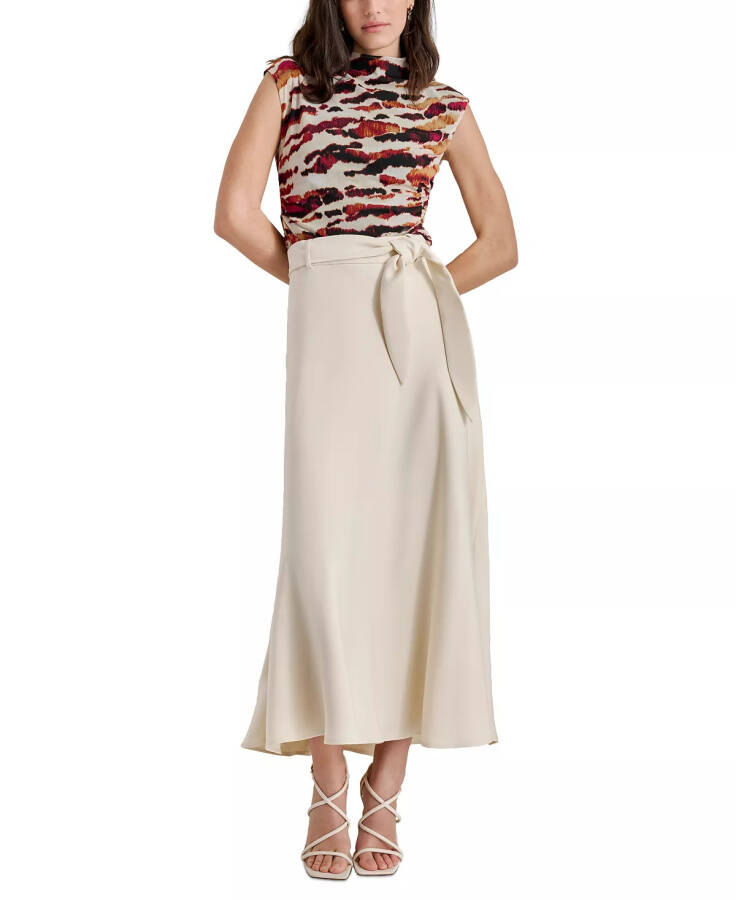 Women's Solid Tie-Waist Size-Zip Midi Skirt Parchment - 5