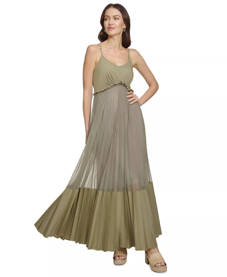 Women's Solid Tiered Pleated Sleeveless Mesh Maxi Dress Lght Fatig - 1