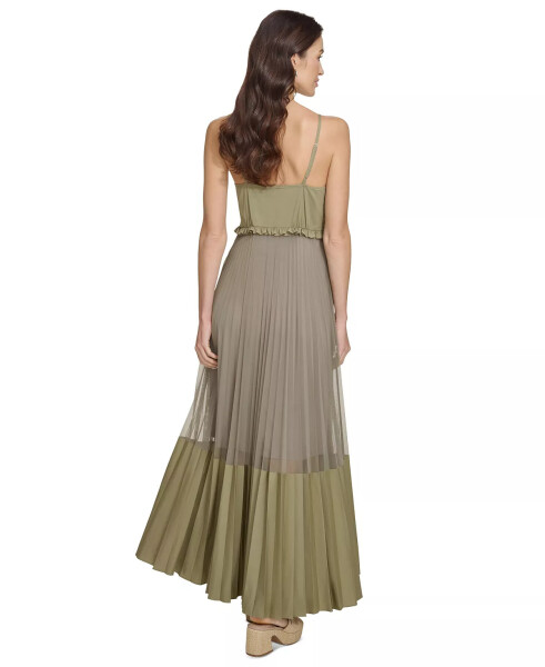 Women's Solid Tiered Pleated Sleeveless Mesh Maxi Dress Lght Fatig - 2