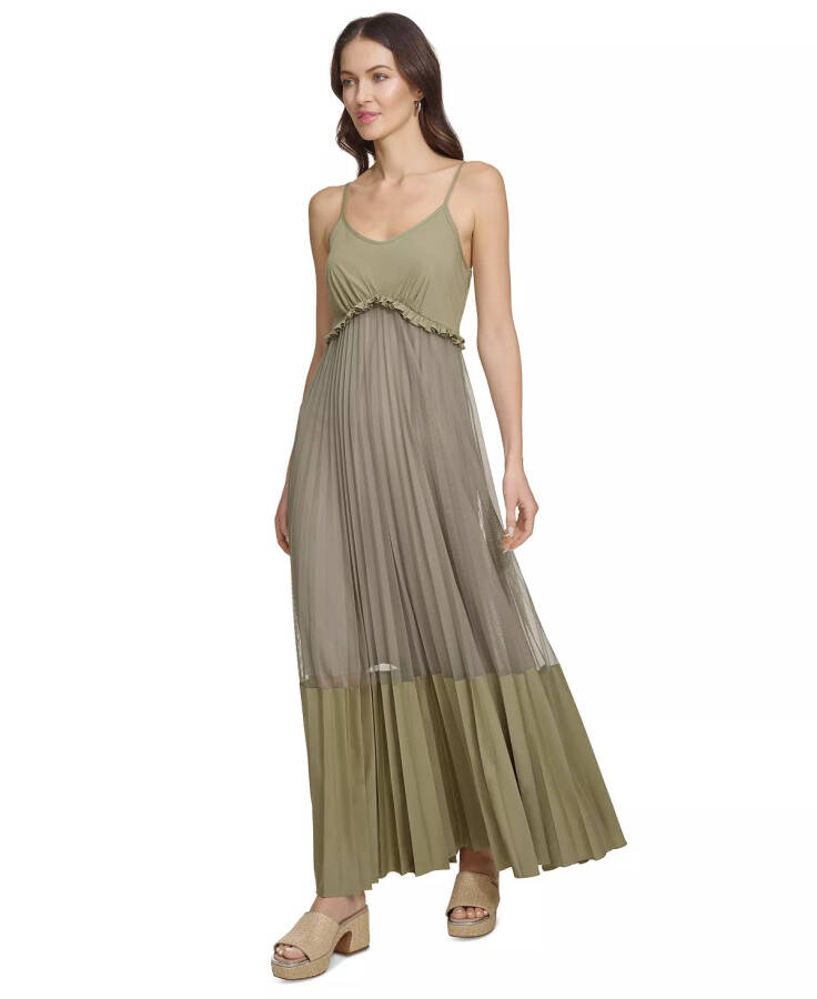 Women's Solid Tiered Pleated Sleeveless Mesh Maxi Dress Lght Fatig - 3