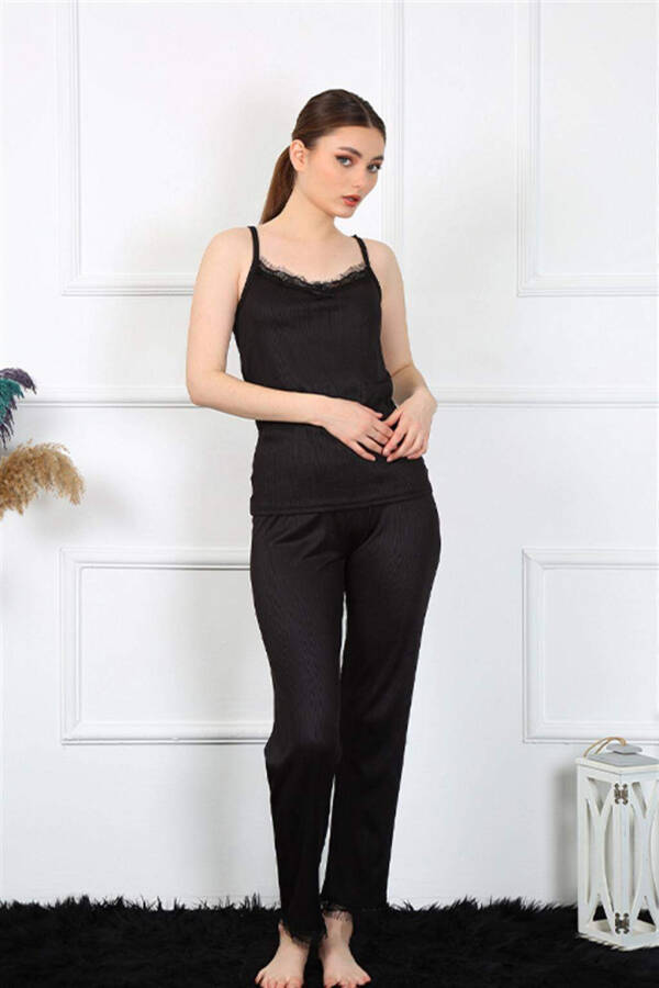 Women's Spaghetti Strap Black Pajama Set 4136 - 2