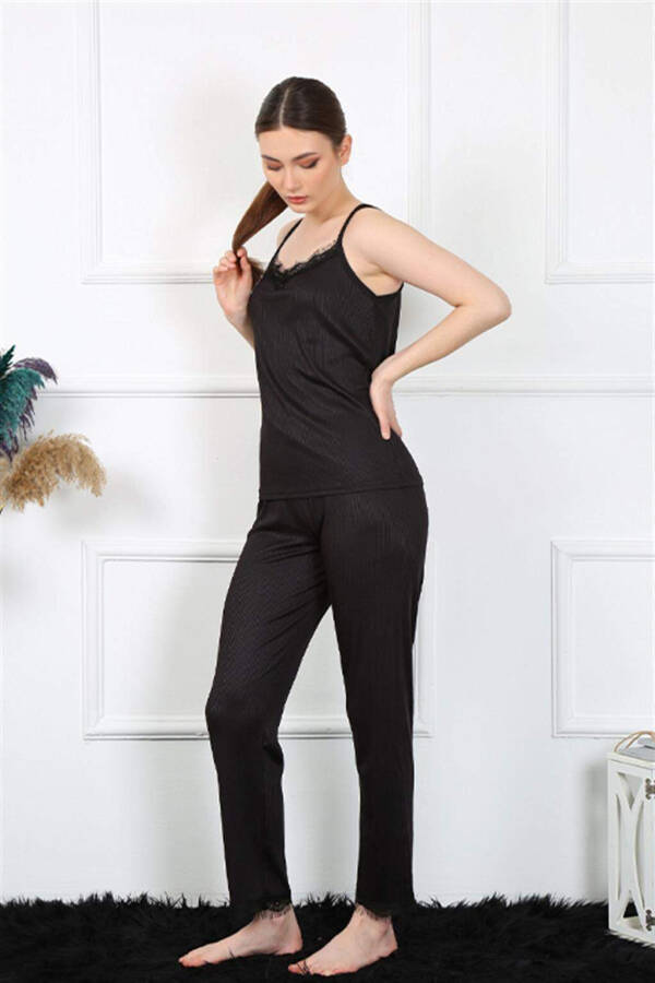 Women's Spaghetti Strap Black Pajama Set 4136 - 3