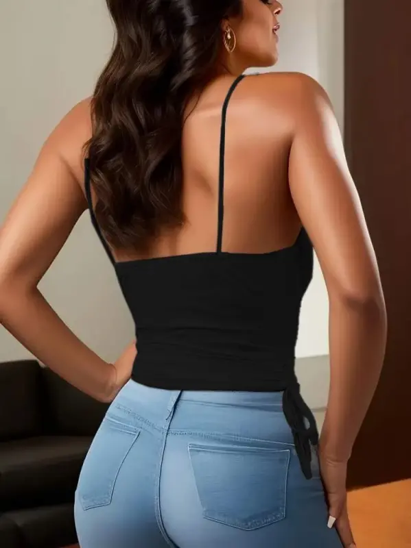 Women's Spaghetti Strap Cowl Neck Side Gathered Sandy Blouse - 2