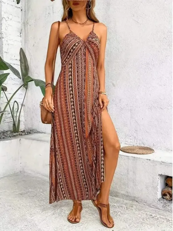 Women's Spaghetti Strap Criss Cross Back Detail Slit Patterned Supima Dress - 1