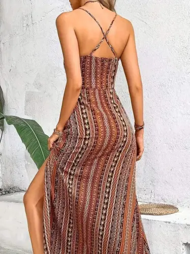 Women's Spaghetti Strap Criss Cross Back Detail Slit Patterned Supima Dress - BÜYÜKBEDENIZ (1)