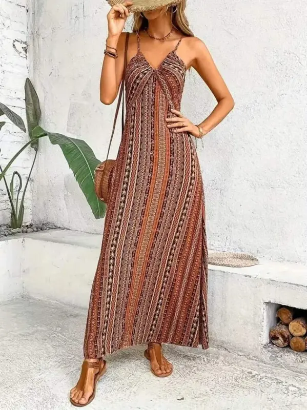 Women's Spaghetti Strap Criss Cross Back Detail Slit Patterned Supima Dress - 4