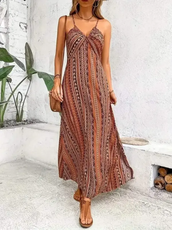 Women's Spaghetti Strap Criss Cross Back Detail Slit Patterned Supima Dress - 5
