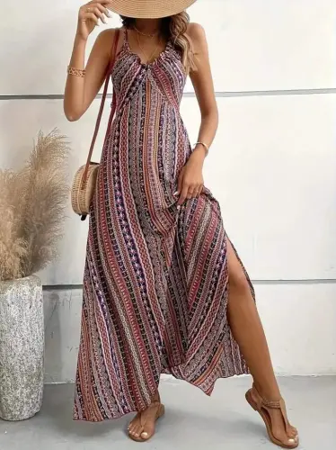 Women's Spaghetti Strap Criss Cross Back Detail Slit Patterned Supima Dress - 1