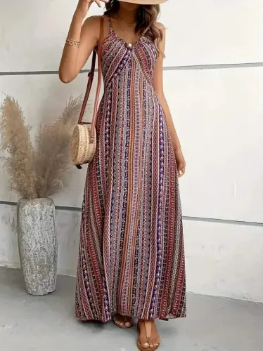 Women's Spaghetti Strap Criss Cross Back Detail Slit Patterned Supima Dress - BÜYÜKBEDENIZ (1)