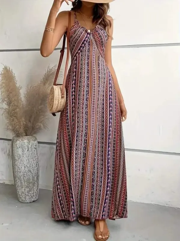 Women's Spaghetti Strap Criss Cross Back Detail Slit Patterned Supima Dress - 2