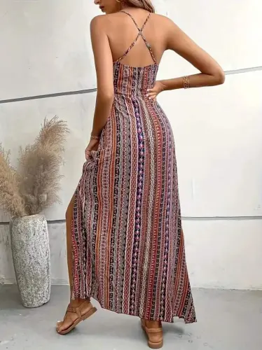Women's Spaghetti Strap Criss Cross Back Detail Slit Patterned Supima Dress - 3