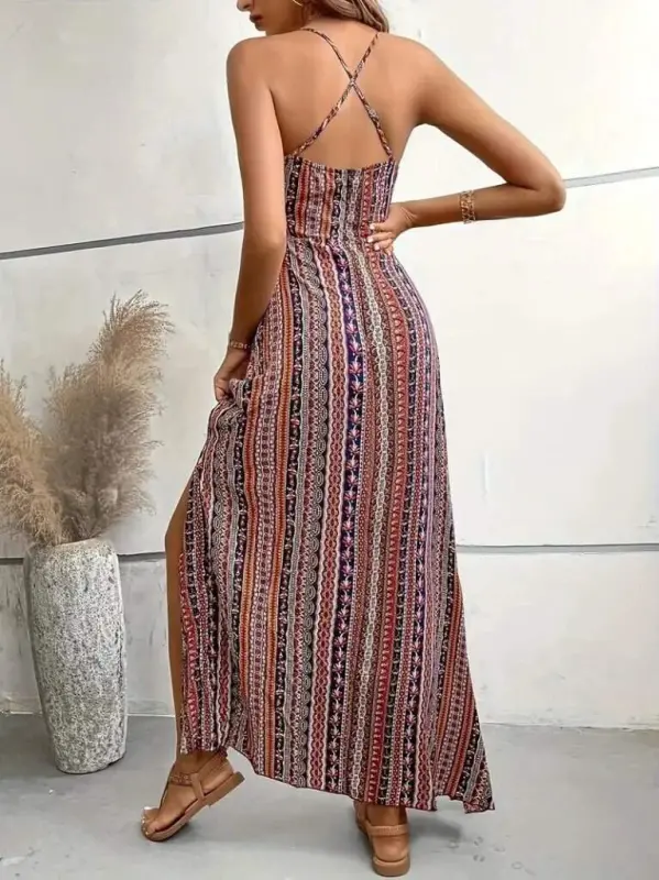 Women's Spaghetti Strap Criss Cross Back Detail Slit Patterned Supima Dress - 3