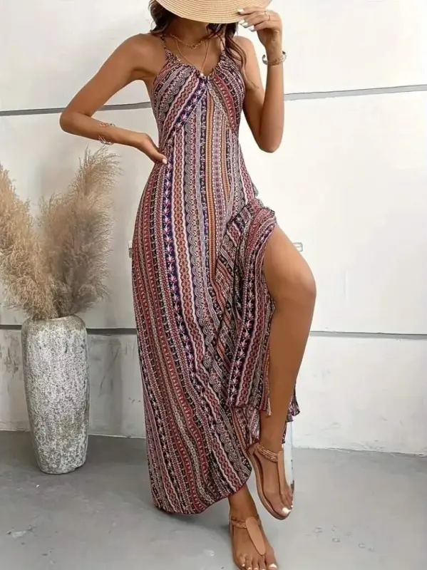 Women's Spaghetti Strap Criss Cross Back Detail Slit Patterned Supima Dress - 4