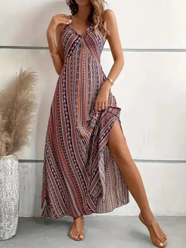 Women's Spaghetti Strap Criss Cross Back Detail Slit Patterned Supima Dress - 5