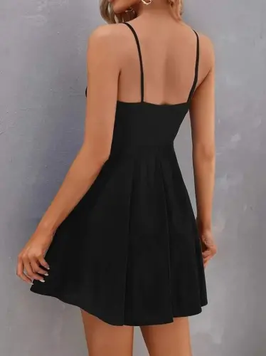 Women's Spaghetti Strap Crossover Collar Flared Imported Crepe Dress - 3