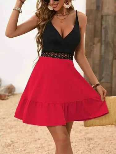 Women's Spaghetti Strap Crossover Neck Lace Waist Imported Crepe Dress - BÜYÜKBEDENIZ (1)