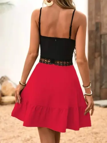 Women's Spaghetti Strap Crossover Neck Lace Waist Imported Crepe Dress - 4