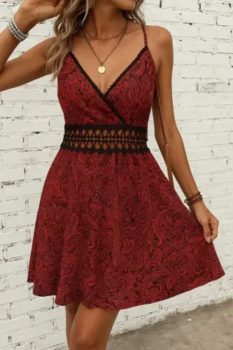 Women's Spaghetti Strap Crossover Neck Patterned Mini Supreme Mini Dress - 2