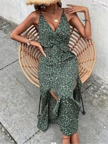 Women's Spaghetti Strap Crossover Neck Slit Long Patterned Belted Supima Dress - BÜYÜKBEDENIZ (1)