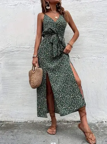 Women's Spaghetti Strap Crossover Neck Slit Long Patterned Belted Supima Dress - 3